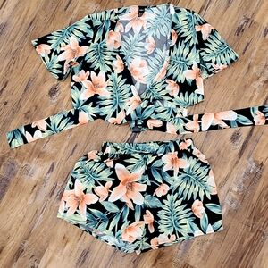 SHEIN Black Floral High Waist Shorts Set